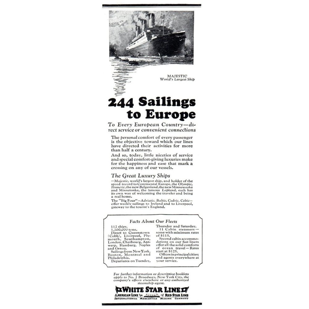 1924 White Star Line Majestic Ocean Liner Vintage Print Ad Cruise to Europe Art